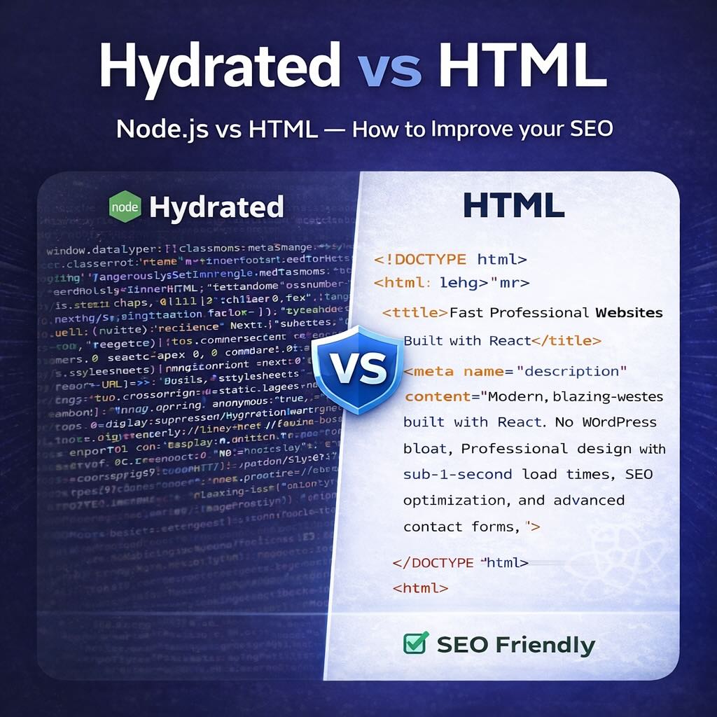 Hydrated vs HTML: Node.js vs HTML comparison graphic showing SEO friendly HTML approach